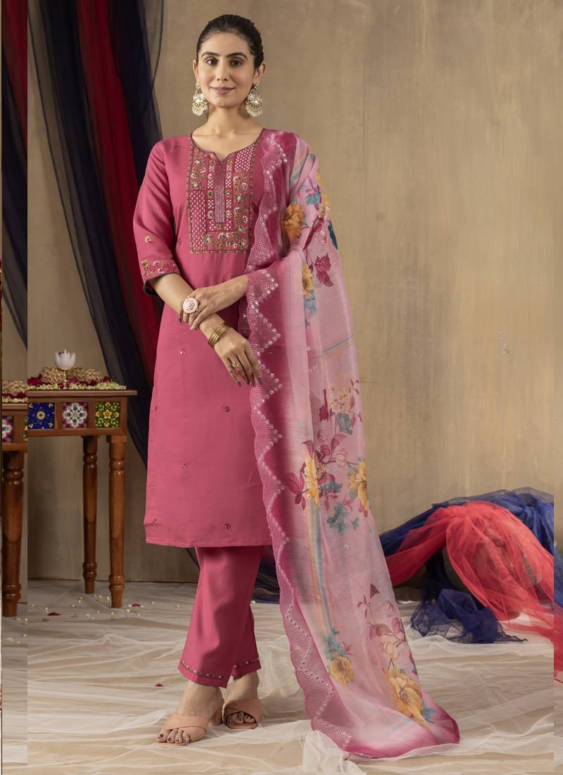 Onion pink roman silk thread embroidered designer salwar suit