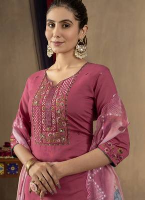 Onion pink roman silk thread embroidered salwar suit 4