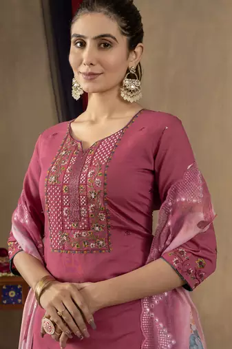 Onion pink roman silk thread embroidered salwar suit