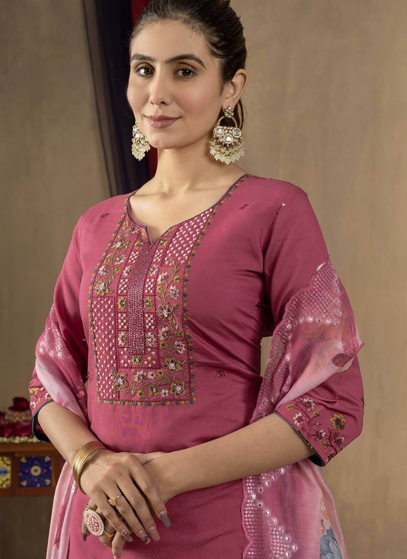 Onion pink roman silk thread embroidered designer salwar suit