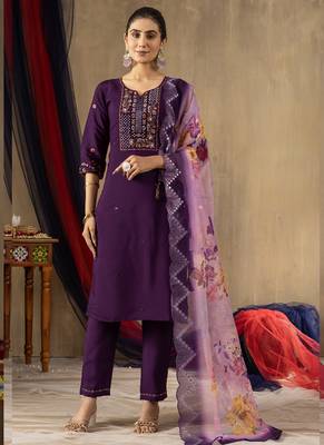 Purple roman silk thread embroidered salwar suit 1