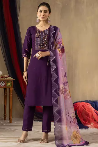 Purple roman silk thread embroidered designer salwar suit