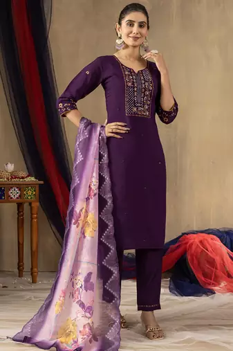 Purple roman silk thread embroidered salwar suit