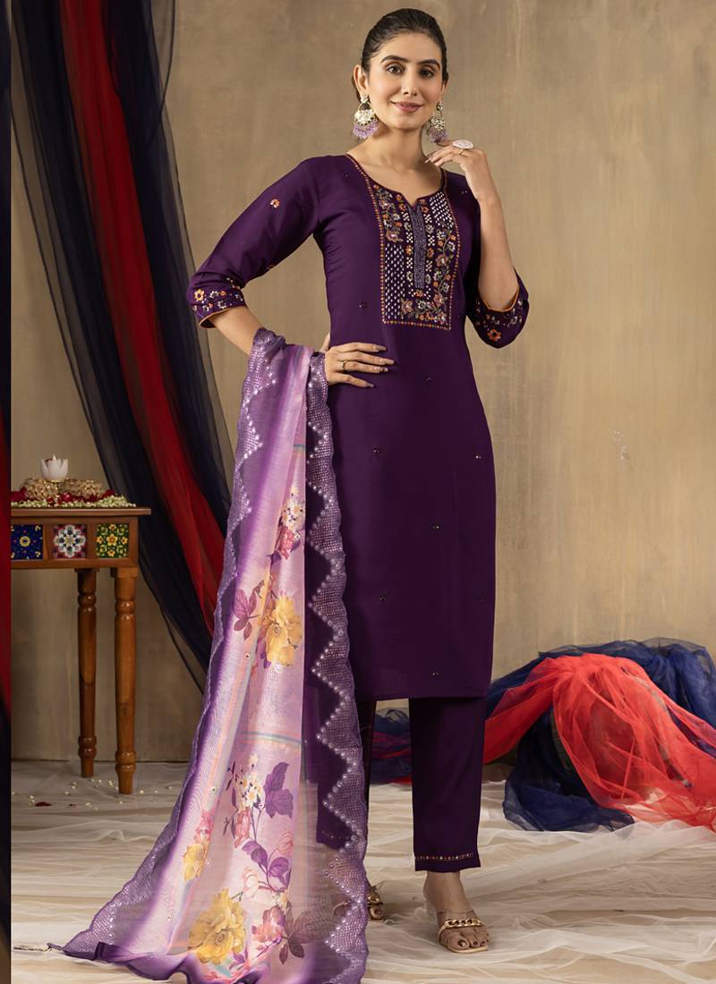 Purple roman silk thread embroidered designer salwar suit