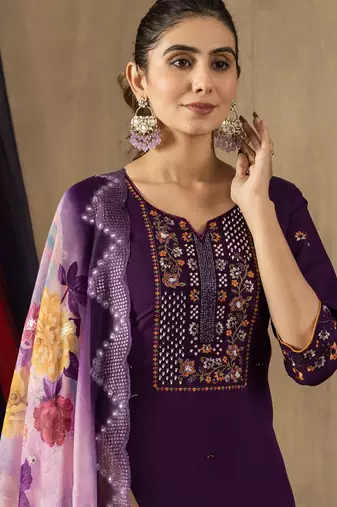 Purple roman silk thread embroidered salwar suit