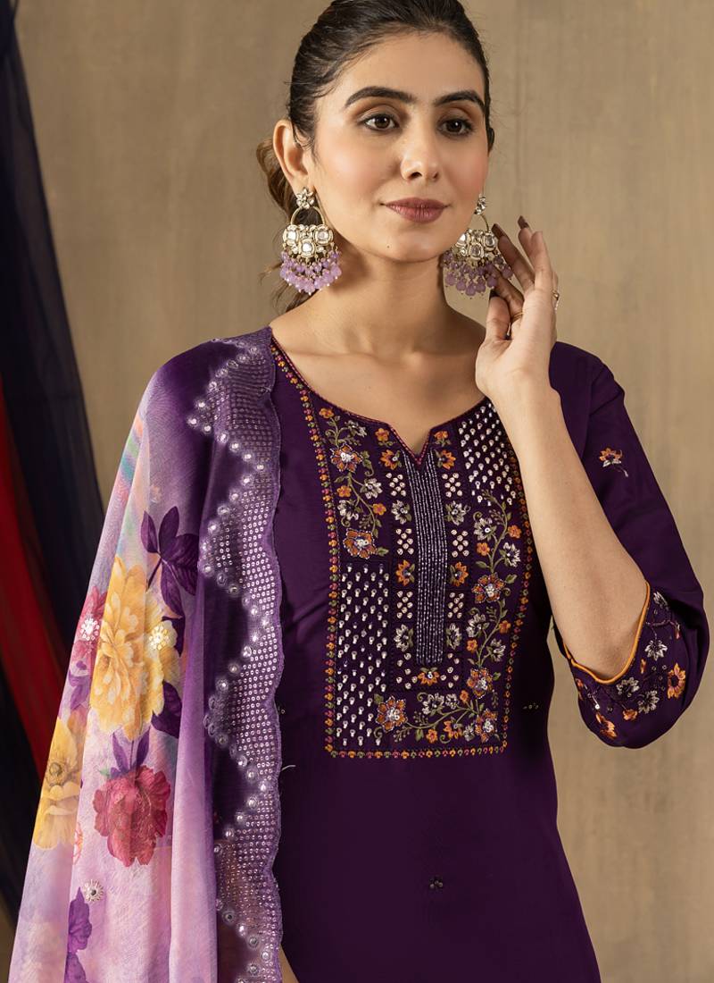 Purple roman silk thread embroidered designer salwar suit
