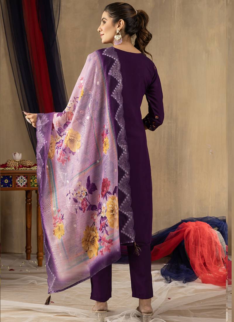 Purple roman silk thread embroidered designer salwar suit