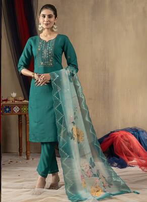 Rama green roman silk thread embroidered salwar suit 1