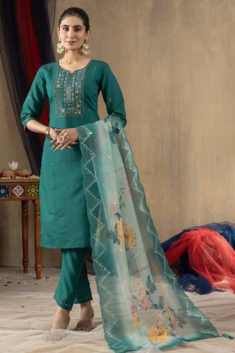 Rama green roman silk thread embroidered designer salwar suit