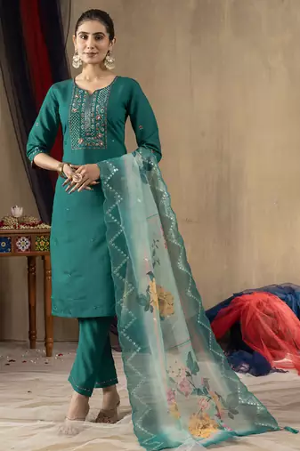 Rama green roman silk thread embroidered designer salwar suit