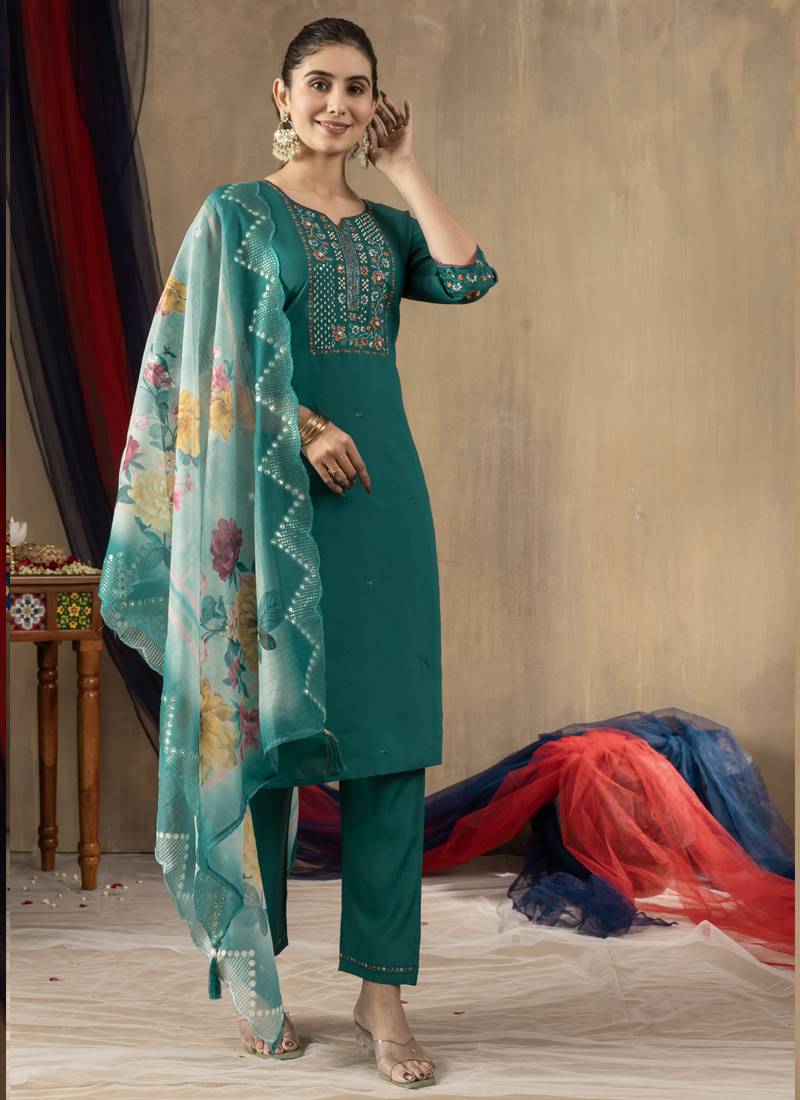 Rama green roman silk thread embroidered designer salwar suit