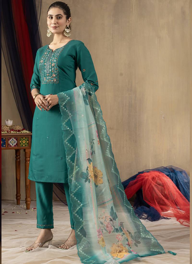 Rama green roman silk thread embroidered designer salwar suit