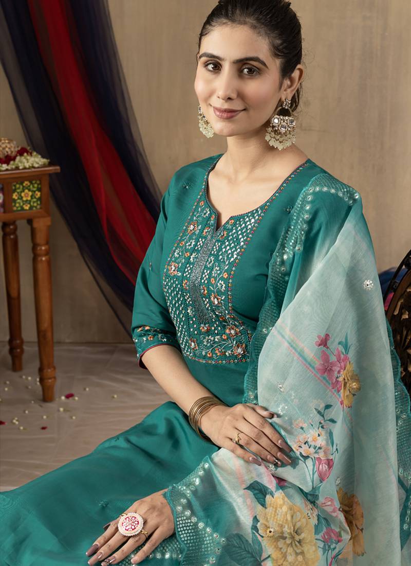 Rama green roman silk thread embroidered designer salwar suit