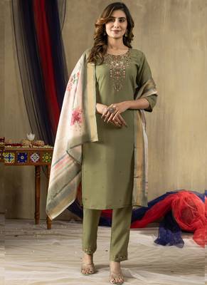 Mahendi shimmer gold silk thread embroidered salwar suit 1
