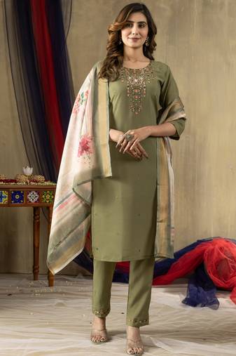 Mahendi shimmer gold silk thread embroidered designer salwar suit