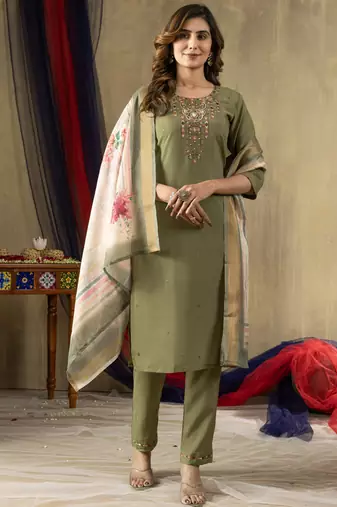 Mahendi shimmer gold silk thread embroidered designer salwar suit