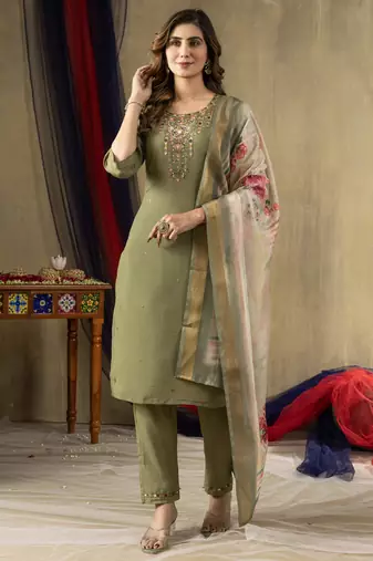 Mahendi shimmer gold silk thread embroidered salwar suit