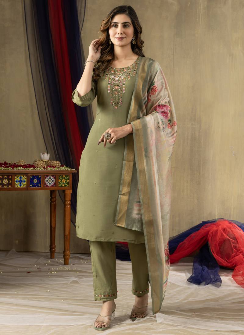 Mahendi shimmer gold silk thread embroidered designer salwar suit
