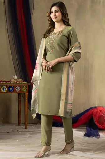 Mahendi shimmer gold silk thread embroidered salwar suit