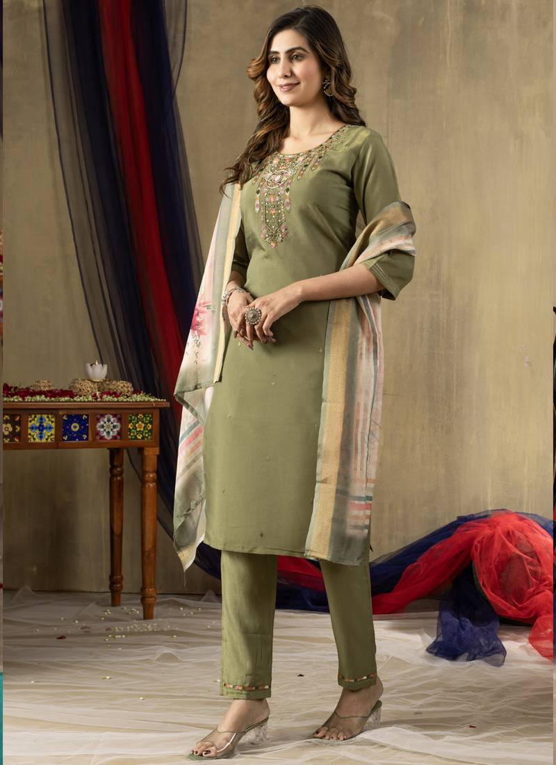 Mahendi shimmer gold silk thread embroidered designer salwar suit