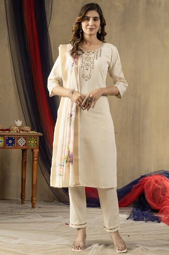 Off white shimmer gold silk thread embroidered designer salwar suit