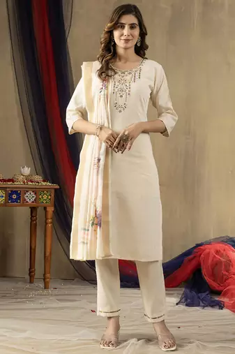Off white shimmer gold silk thread embroidered designer salwar suit