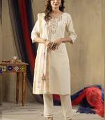 Off white shimmer gold silk thread embroidered designer salwar suit