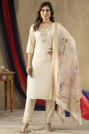 Off white shimmer gold silk thread embroidered salwar suit