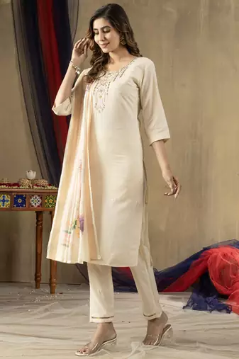Off white shimmer gold silk thread embroidered salwar suit