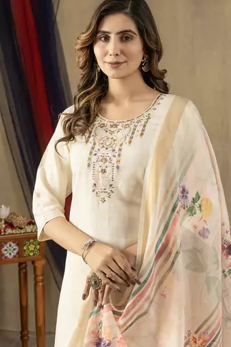 Off white shimmer gold silk thread embroidered salwar suit