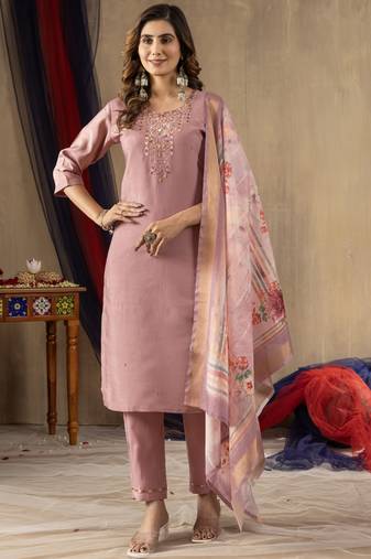 Onion pink shimmer gold silk thread embroidered designer salwar suit