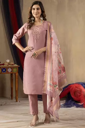 Onion pink shimmer gold silk thread embroidered designer salwar suit