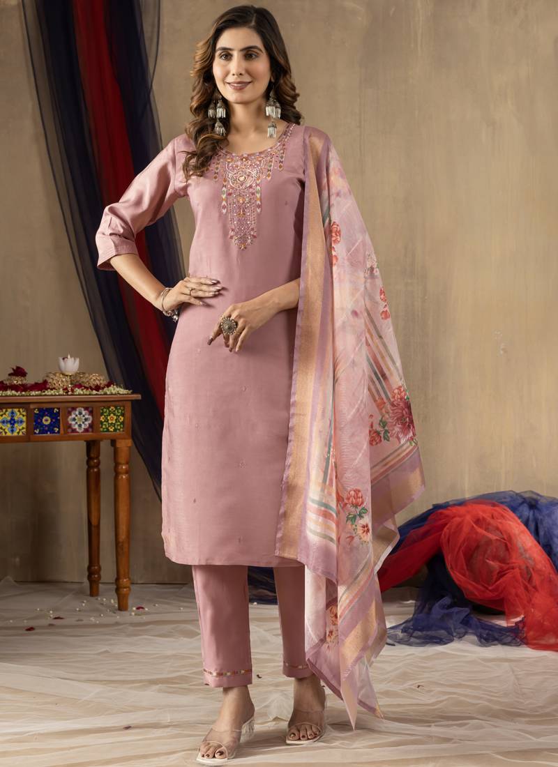 Onion pink shimmer gold silk thread embroidered designer salwar suit