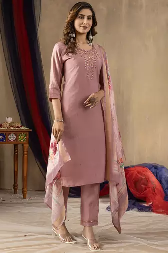 Onion pink shimmer gold silk thread embroidered salwar suit