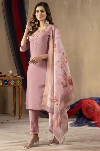 Onion pink shimmer gold silk thread embroidered salwar suit