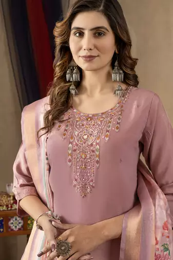 Onion pink shimmer gold silk thread embroidered salwar suit