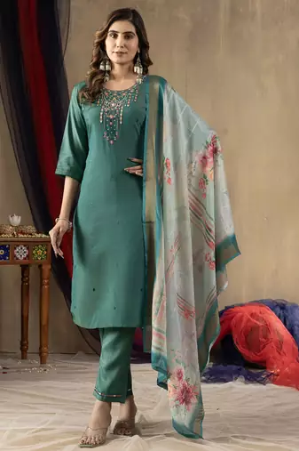 Rama green shimmer gold silk thread embroidered designer salwar suit