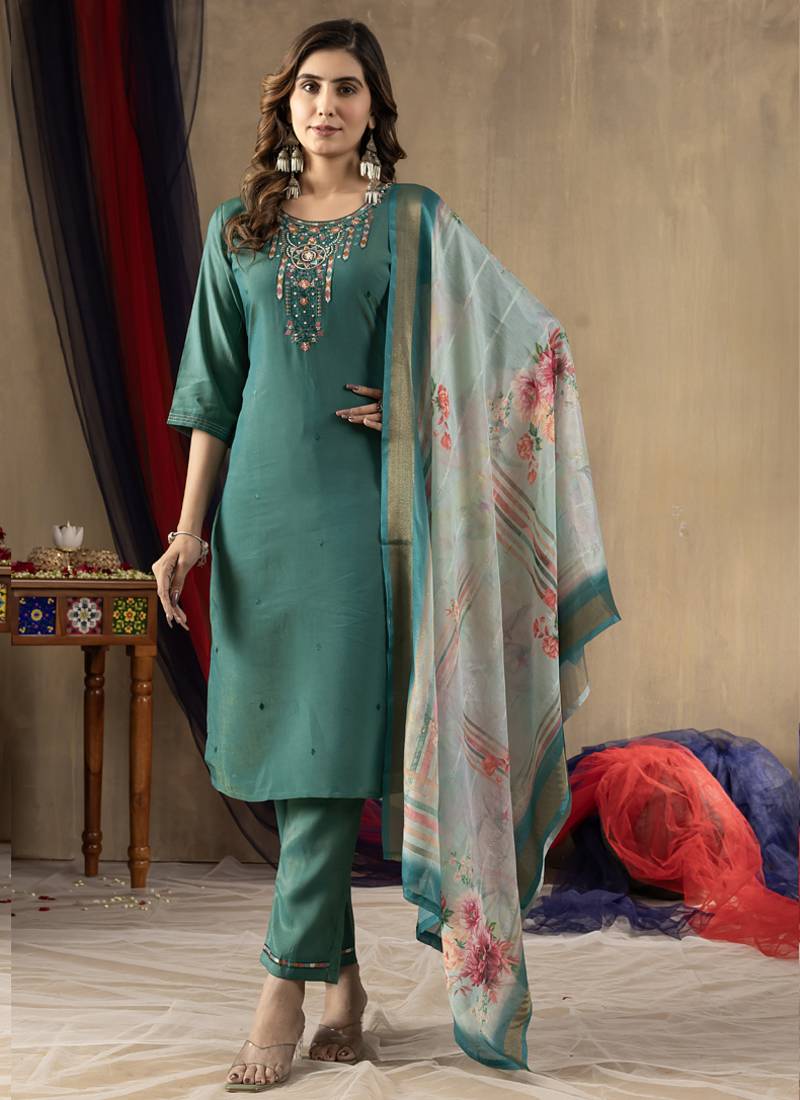 Rama green shimmer gold silk thread embroidered designer salwar suit