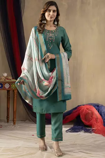 Rama green shimmer gold silk thread embroidered salwar suit