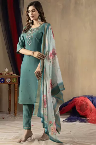 Rama green shimmer gold silk thread embroidered salwar suit