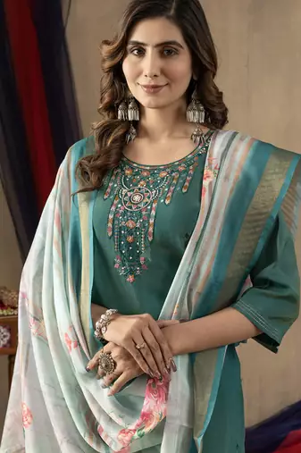 Rama green shimmer gold silk thread embroidered salwar suit