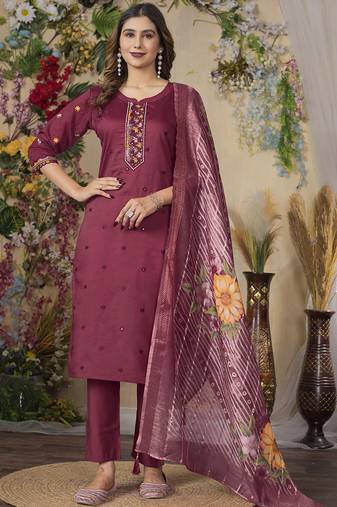 Wine roman silk thread embroidered designer salwar suit