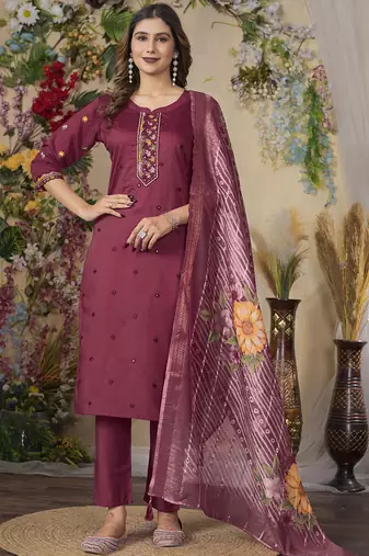 Wine roman silk thread embroidered designer salwar suit