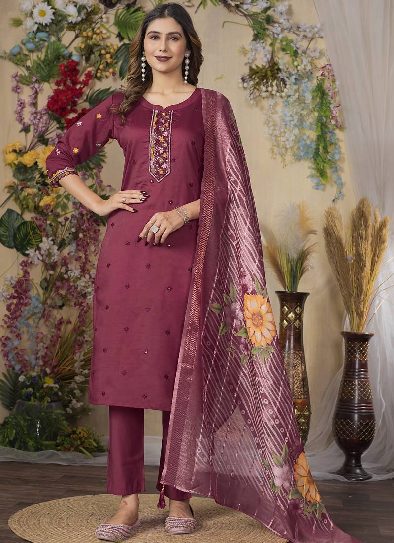Wine roman silk thread embroidered designer salwar suit