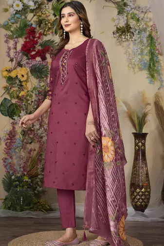 Wine roman silk thread embroidered salwar suit