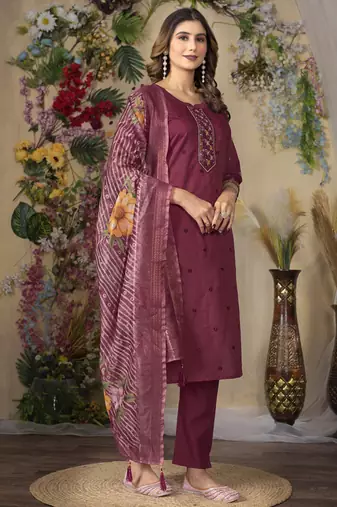 Wine roman silk thread embroidered salwar suit
