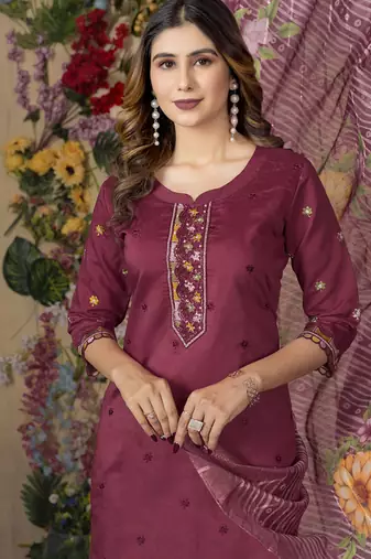 Wine roman silk thread embroidered salwar suit