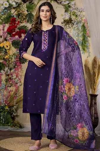 Purple roman silk thread embroidered designer salwar suit