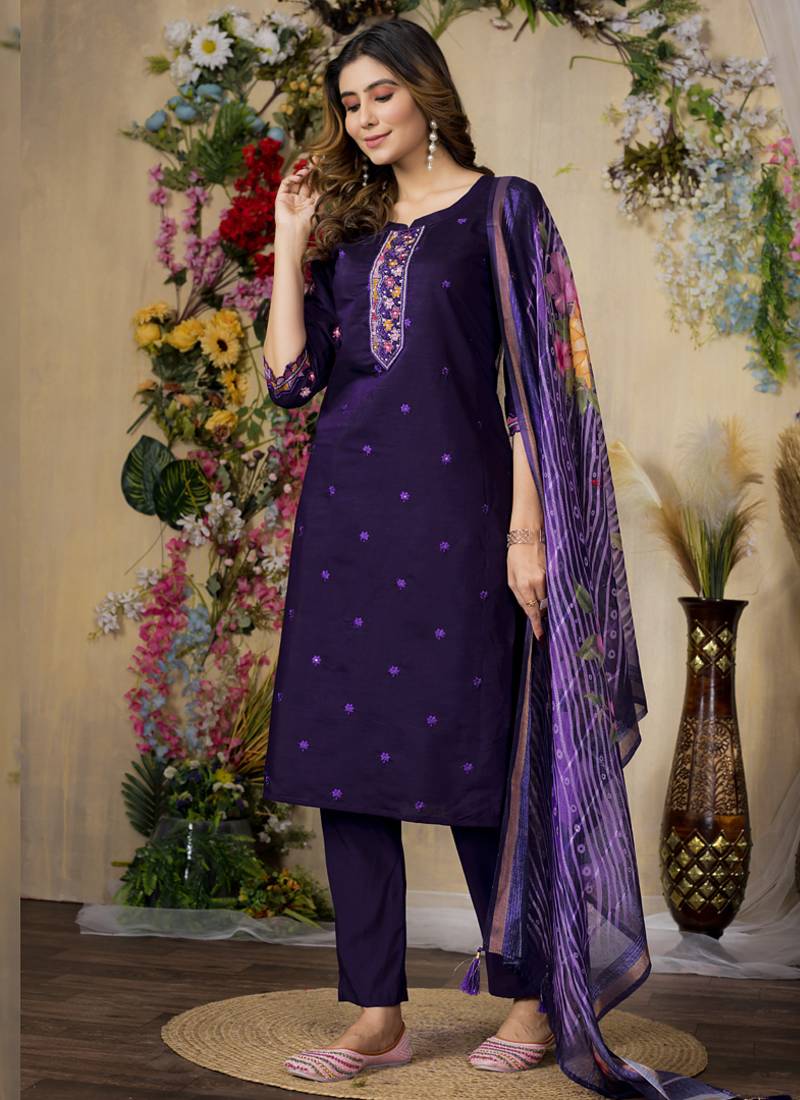 Purple roman silk thread embroidered designer salwar suit