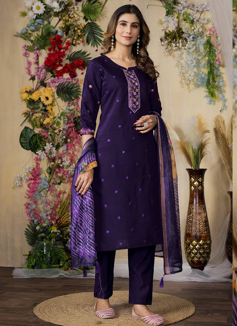Purple roman silk thread embroidered designer salwar suit